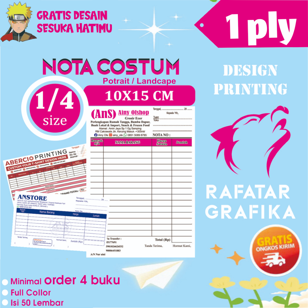 

cetak nota 1-4 1ply costum nama toko usaha sendiri free desain hanya di rafatar grafika