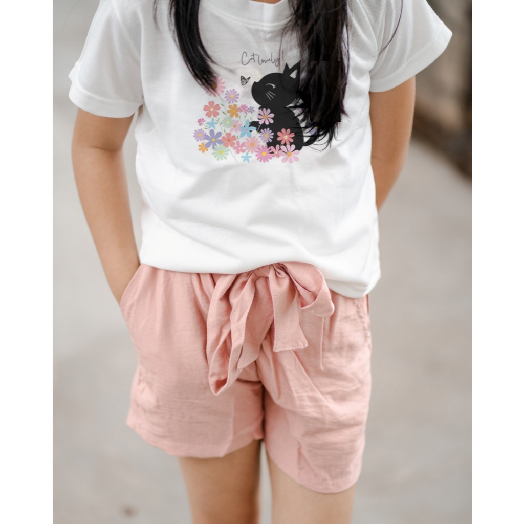 Baju Setelan CAT LOVER Hotpants set Baju setelan Anak Perempuan Fashion Cewek Linen Umur 4-10 Tahun