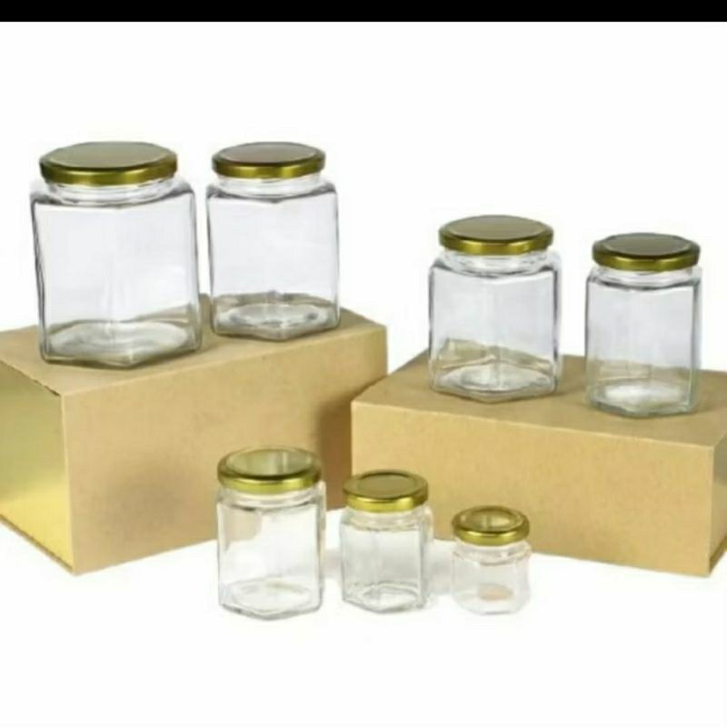 Toples Hexagonal Segi Enam 280ML Tutup Putar Kedap Kuning Emas Toples Beling Kaca Kecil Mini Bumbu D
