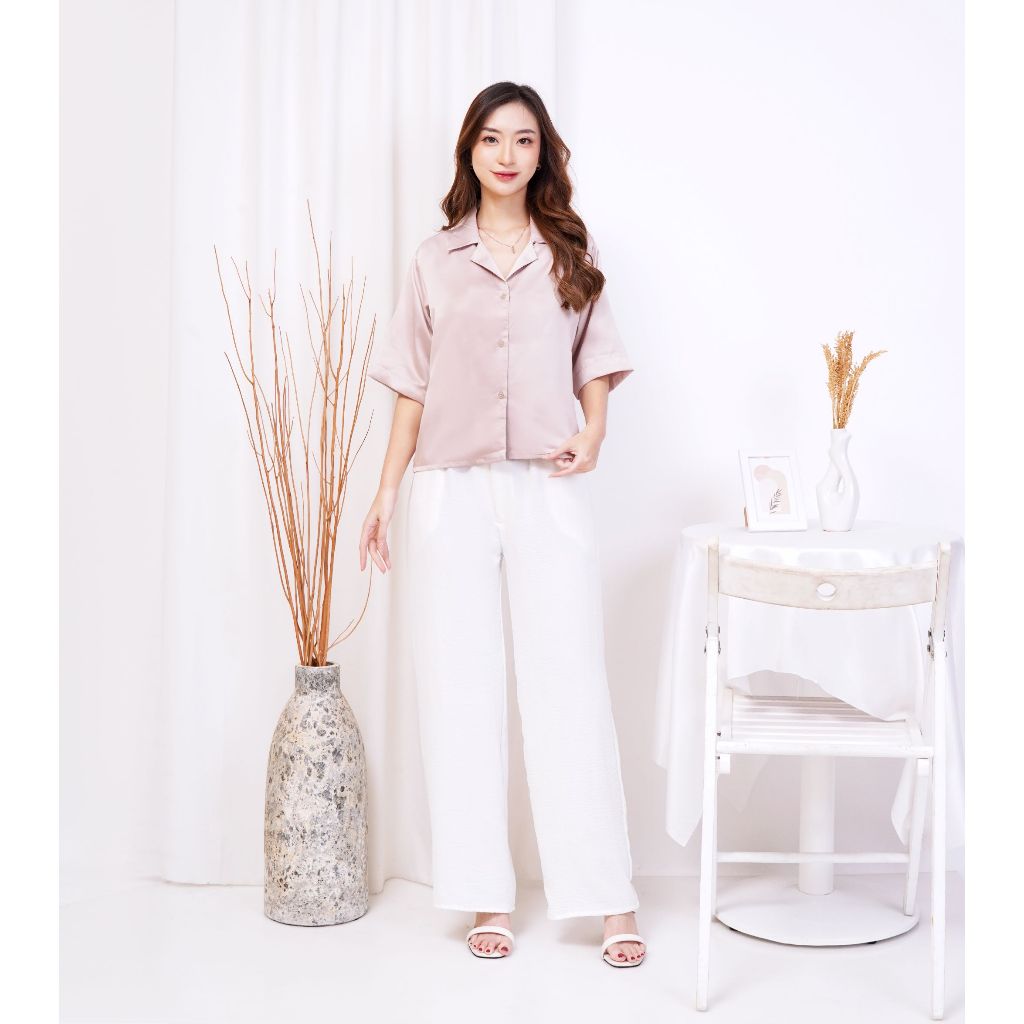 [LAVANYA] Kemeja Blouse Silk Satin Wanita Lengan Panjang - Hitam - Cewek, Top, Casual, Linen