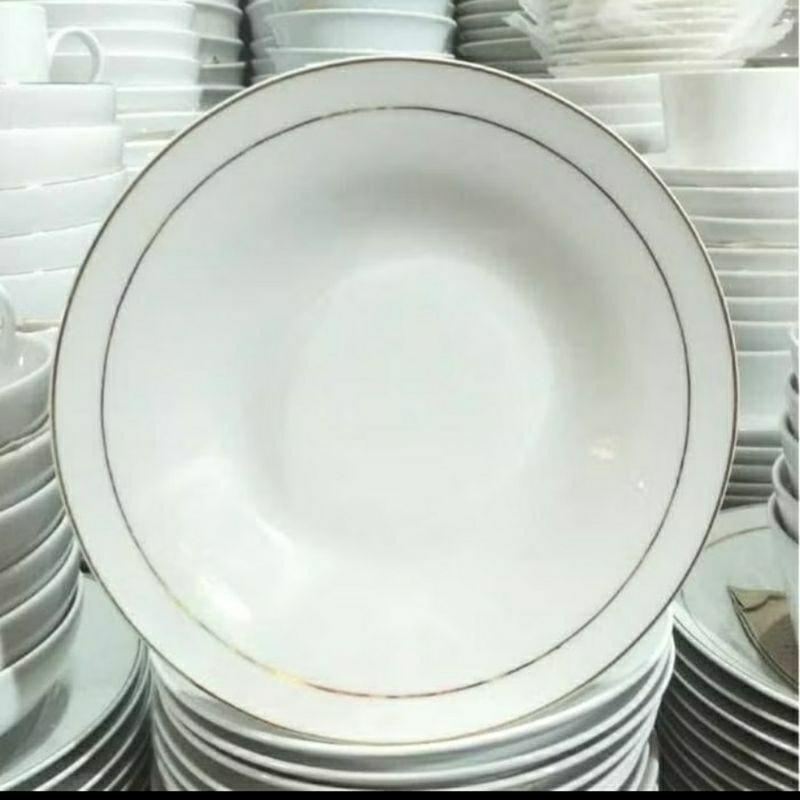 Piring Beling Keramik Porselen Cekung 9" Piring Putih Lis Garis Dua Silver Sunbird Piring Makan Ukur