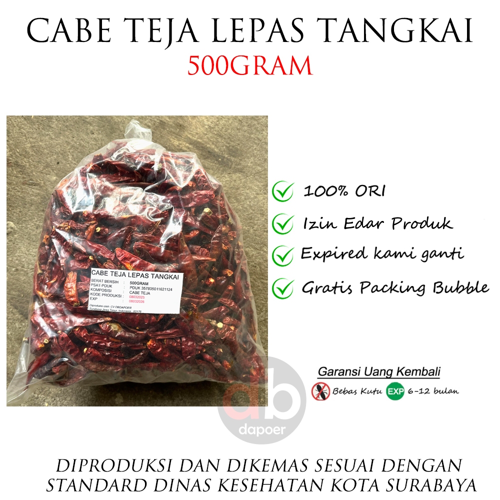 

Cabe Teja Tanpa Tangkai 500gram Kering