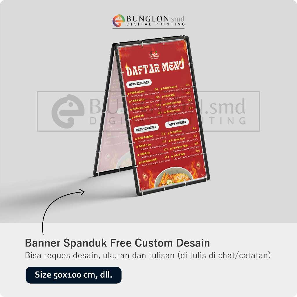 PRINT CETAK SPANDUK BANNER DAFTAR MENU WARUNG SEBLAK BISA CUSTOM