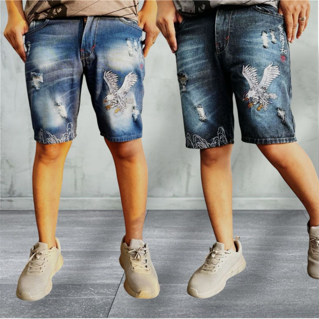 CELANA PENDEK PRIA JEANS SOBEK TAMBAL BORDIR EMBLEM ORIGINAL DAN TERLARIS - Celana  jeans motif naga