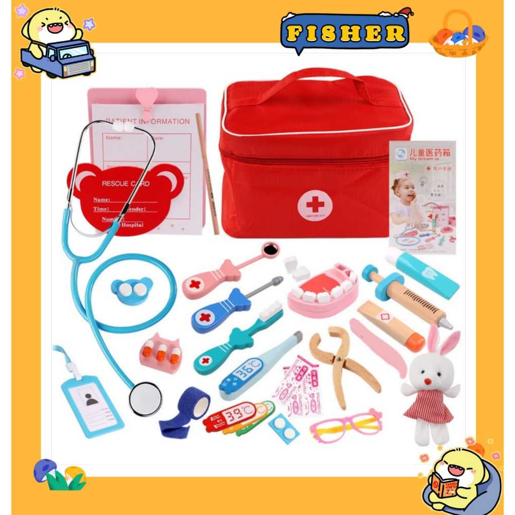 [FISHER] Doctor wooden playset mainan dokter kayu alat medis kesehatan + CELEMEK