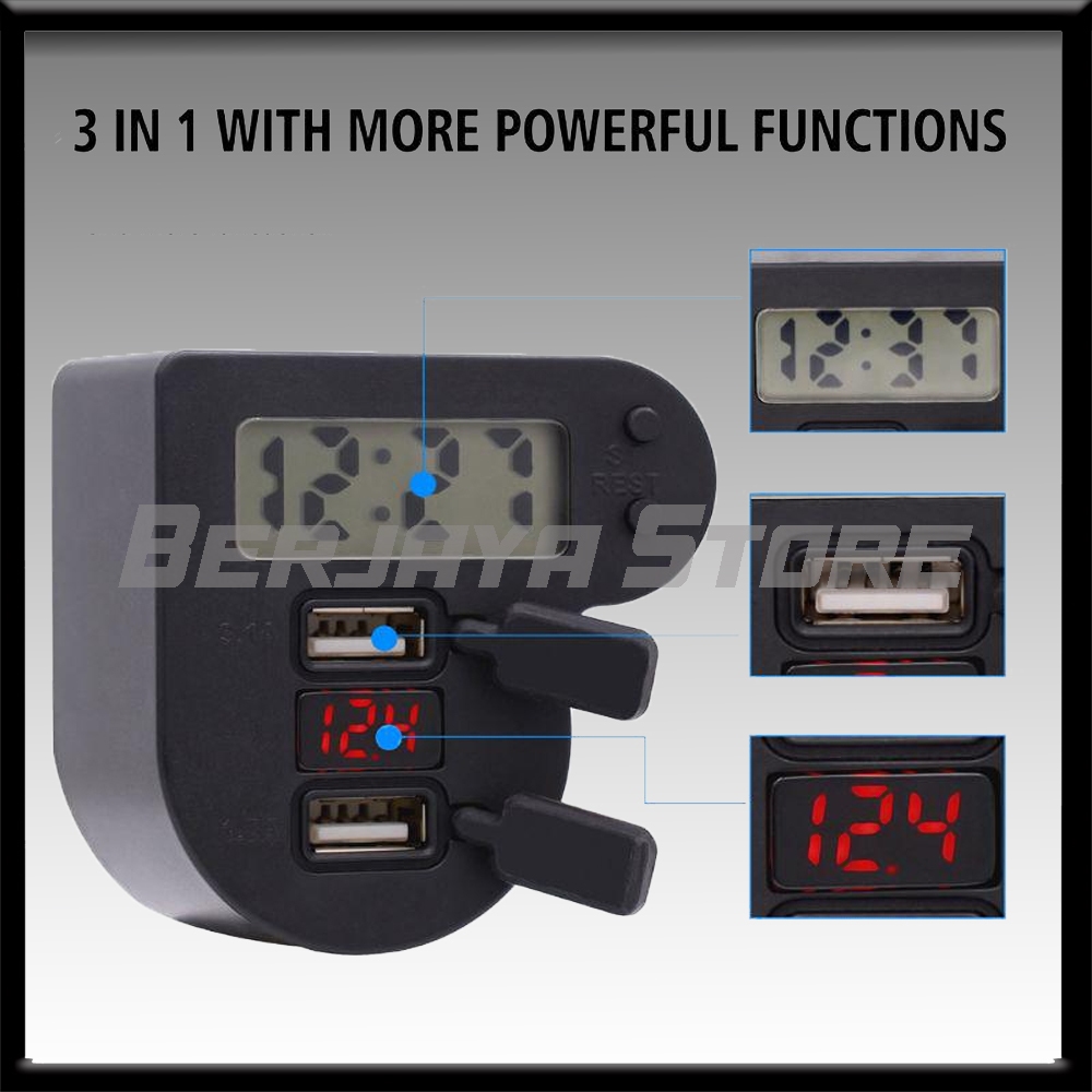 Voltmeter 3in1, jam digital, charger HP plus bracket stang motor termurah dan terlaris