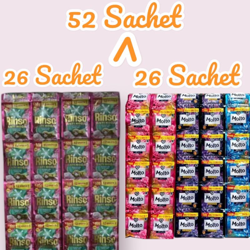 [52sachet]Rinso Cair Kemasan Baru 20gr 26sachet+26sachet Molto 10ml Varian Random