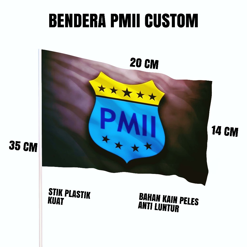 Bendera Tangan PMII Custom Nama dan Logo Bahan Kain Ukuran 20x14 cm