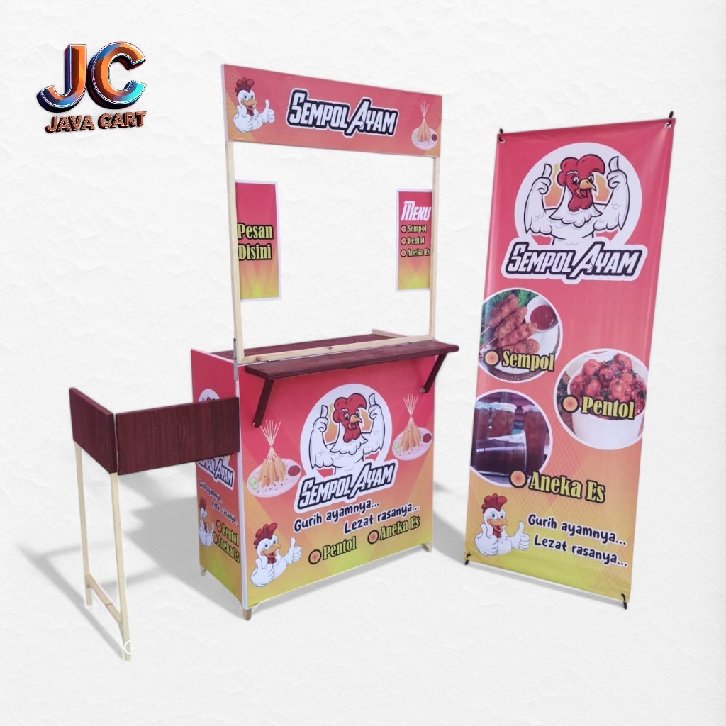 Booth Portable Kayu 80x40cm Model Full Lipat+Gambar+Xbanner+3Rak+MKompor+RakDepan