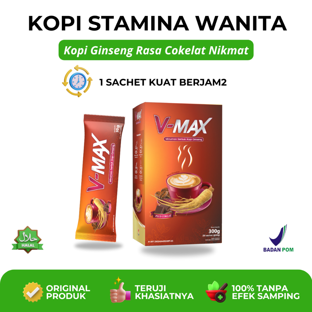 

V-MAX Kopi Ginseng Stamina Wanita Rasa Cokelat Penambah Semangat Original HALAL & BPOM