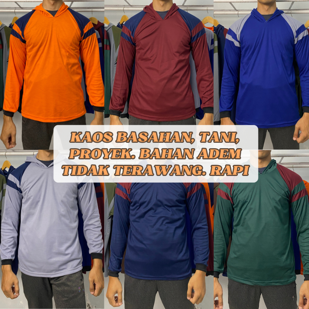 Kaos Basahan Tani Sawah Bertudung Telesan Kaos Proyek Kuli Kerja Lengan Panjang Hoodie Kupluk Topi B
