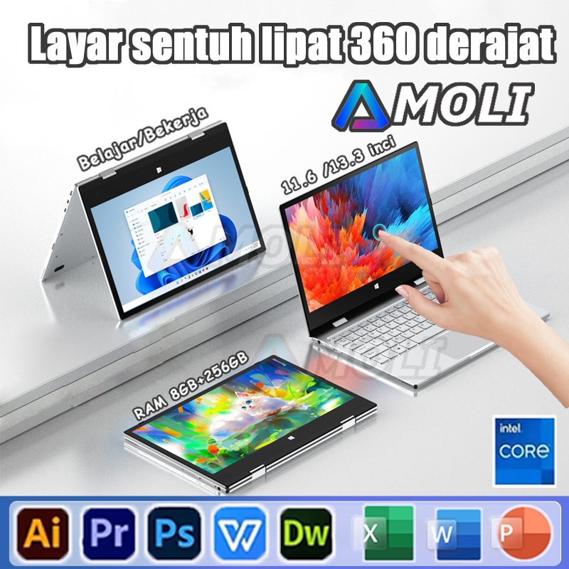 AMOLI 【Bisa COD】 Laptop Foldable Laptop Asli Baru Windows 11 pro  11,6 inci Intel N4020 / 13,3 inci 