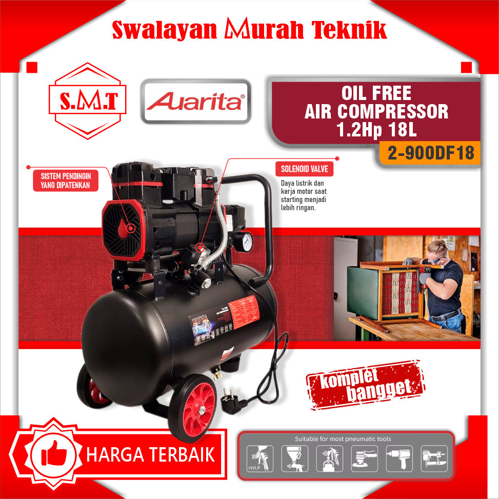 Auarita Kompresor Angin Bebas Oli 1.2Hp 18L Auarita  2-900DF18 Oil Free Air Compressor Silent