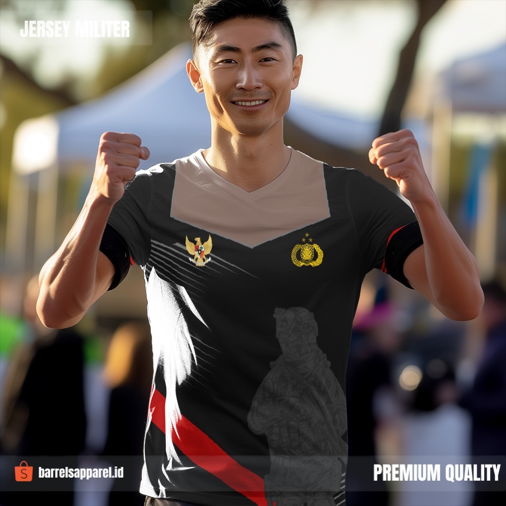 Kaos Jersey Polisi Polri Hitam Merah Coklat Motif Abstrak 01 - Jersey Custom Premium Full Printing