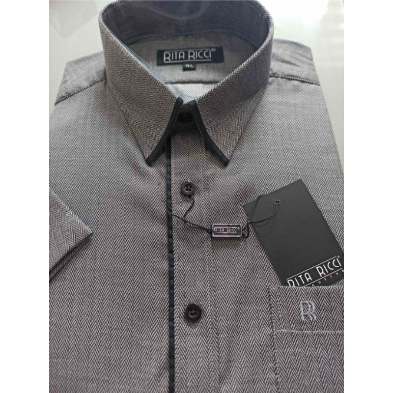 KEMEJA PRIA ABU MOTIF LIST HITAM LENGAN PANJANG/PENDEK RITA RICCI art 3663