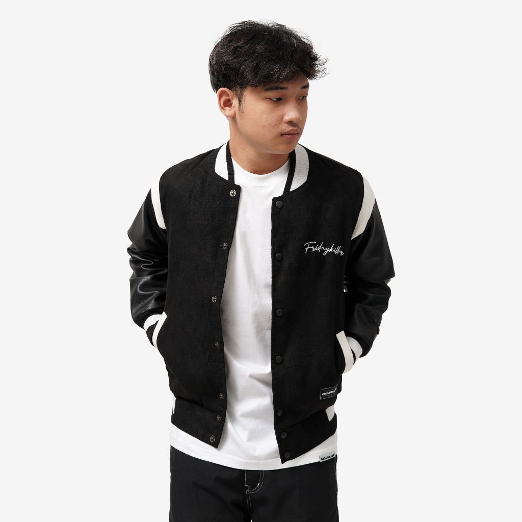JAKET VARSITY PRIA DAN WANITA SIMPLE SUEDE HITAM FRIDAY KILLER | LETTERY VARSITY BLACK