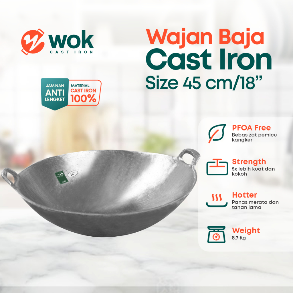 Wajan baja cor Pre Seasoned 18” (45cm) tebal/kuali besi cor/Wok cast iron/wajan penggorengan