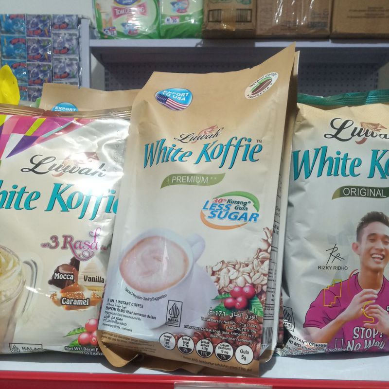 

Luwak White Koffie isi 9 saset 3 rasa, original, less sugar, pilih sesuai varian