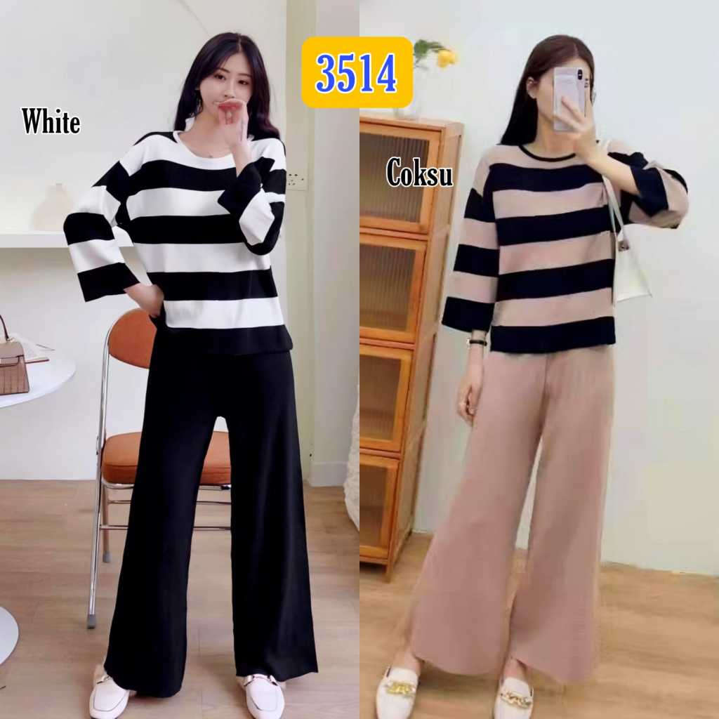 Arsofashionshop/Stelan Panjang Rajut Salur 3514/Set Korea Import Casual Ootd Panjang Wanita Atasan