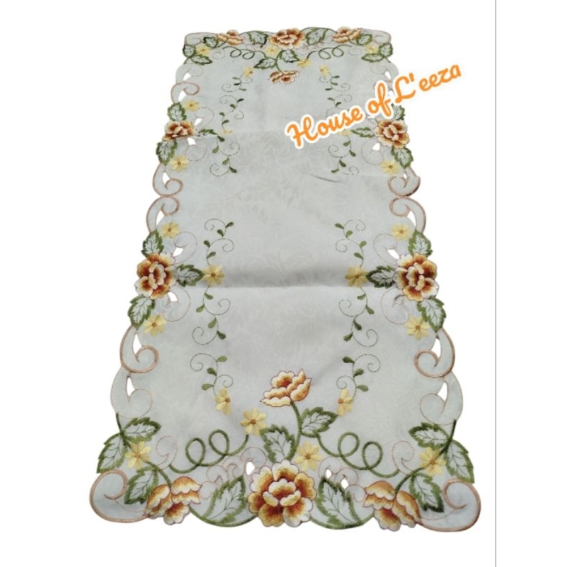 Taplak meja tamu bordir 3D full bunga strimin & kerancang kembang