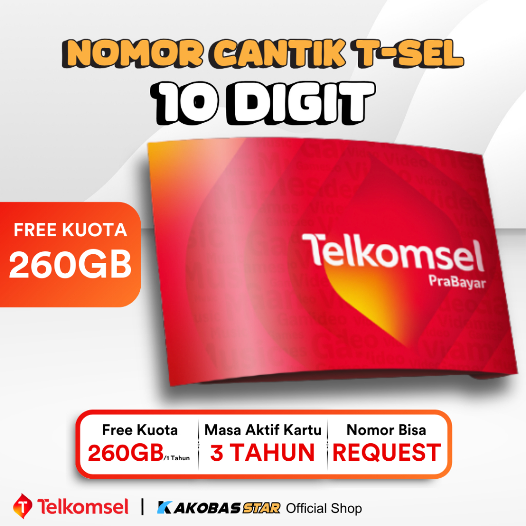 NOMOR CANTIK 10 DIGIT Telkomsel FREE 260GB AKTIF 3 TAHUN