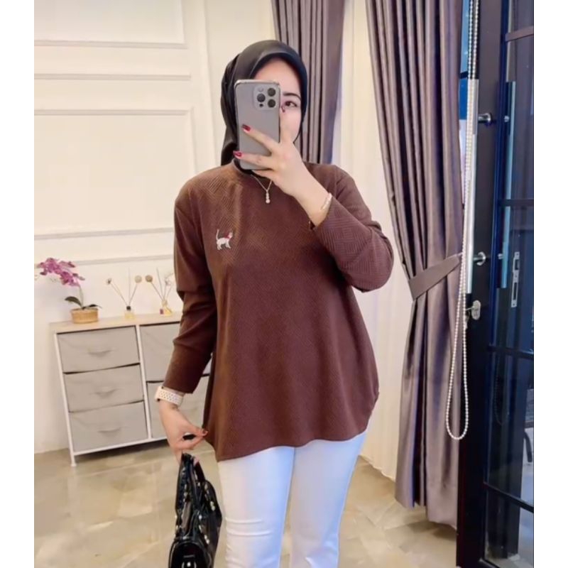 atasan blus wanita kaos knit rajut import bordir cantik kekinian
