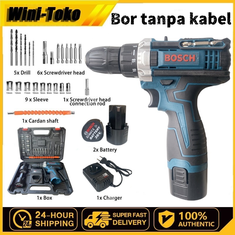 Bosch Set Bor Dampak Nirkabel 2 Baterai 36v Bor Palu Portabel Obeng Listrik Bor Dinding Beton
