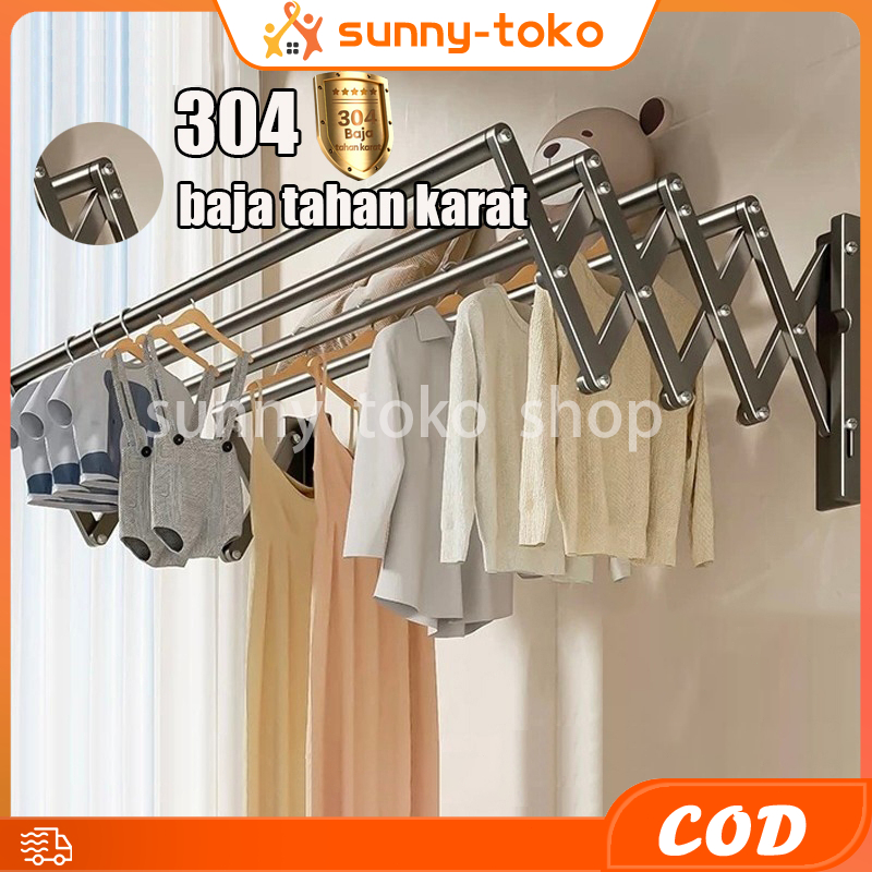 Jemuran Baju Dinding Stainless Steel 100-200cm Pakaian Single Jemuran Lipat Stainless Steel Rak Jemu