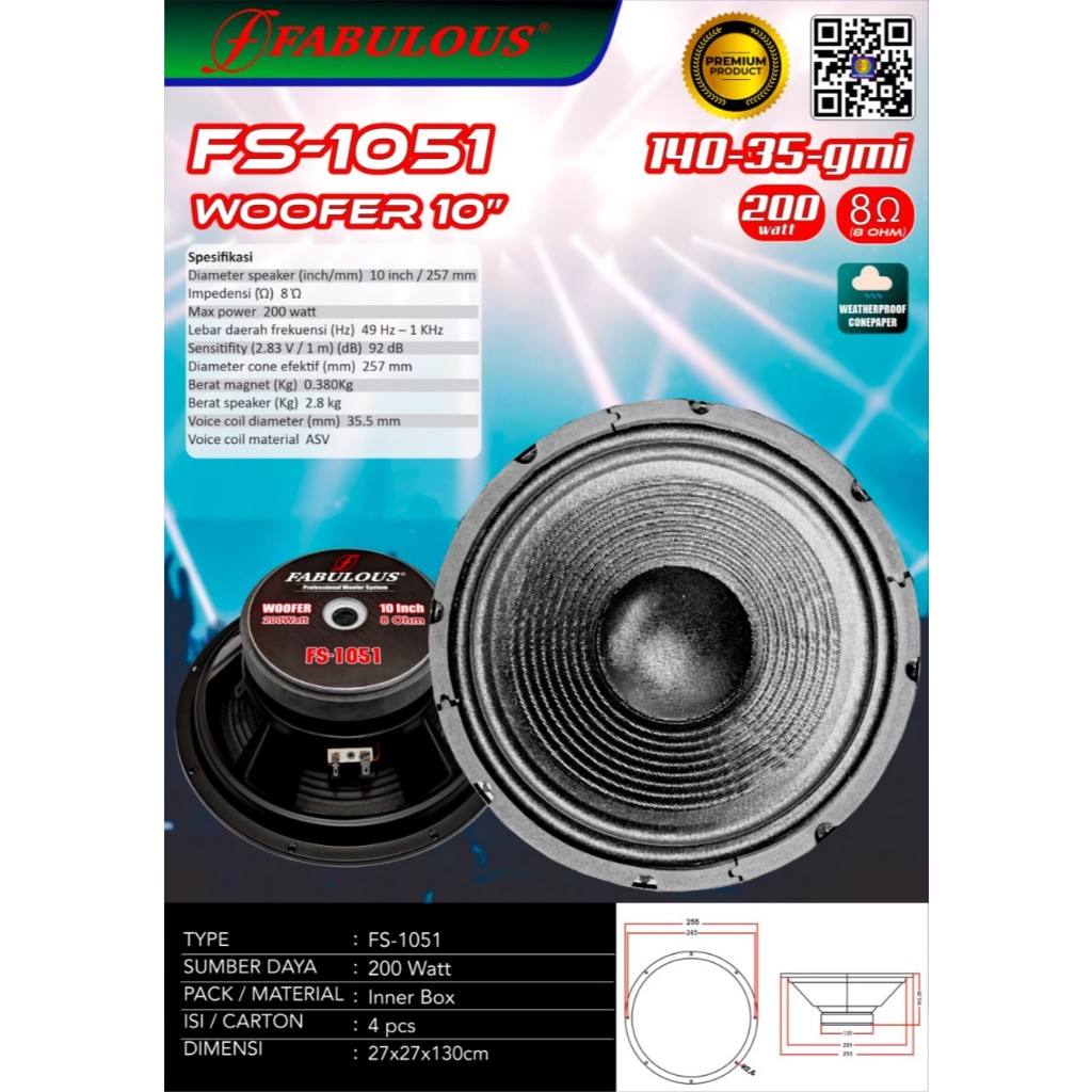 Komponen Speaker Subwoofer Speaker 10" Fabulous FS-1051 200Watt