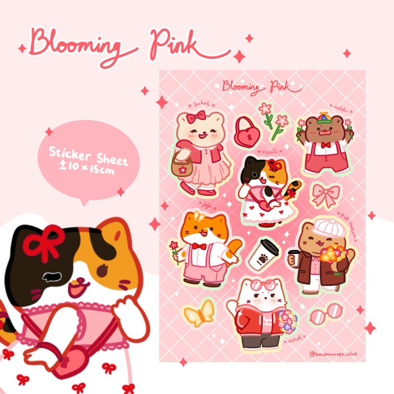 

Sticker Blooming Pink Series Original Paw Paw Cute Cat Bear Kucing Beruang Lucu