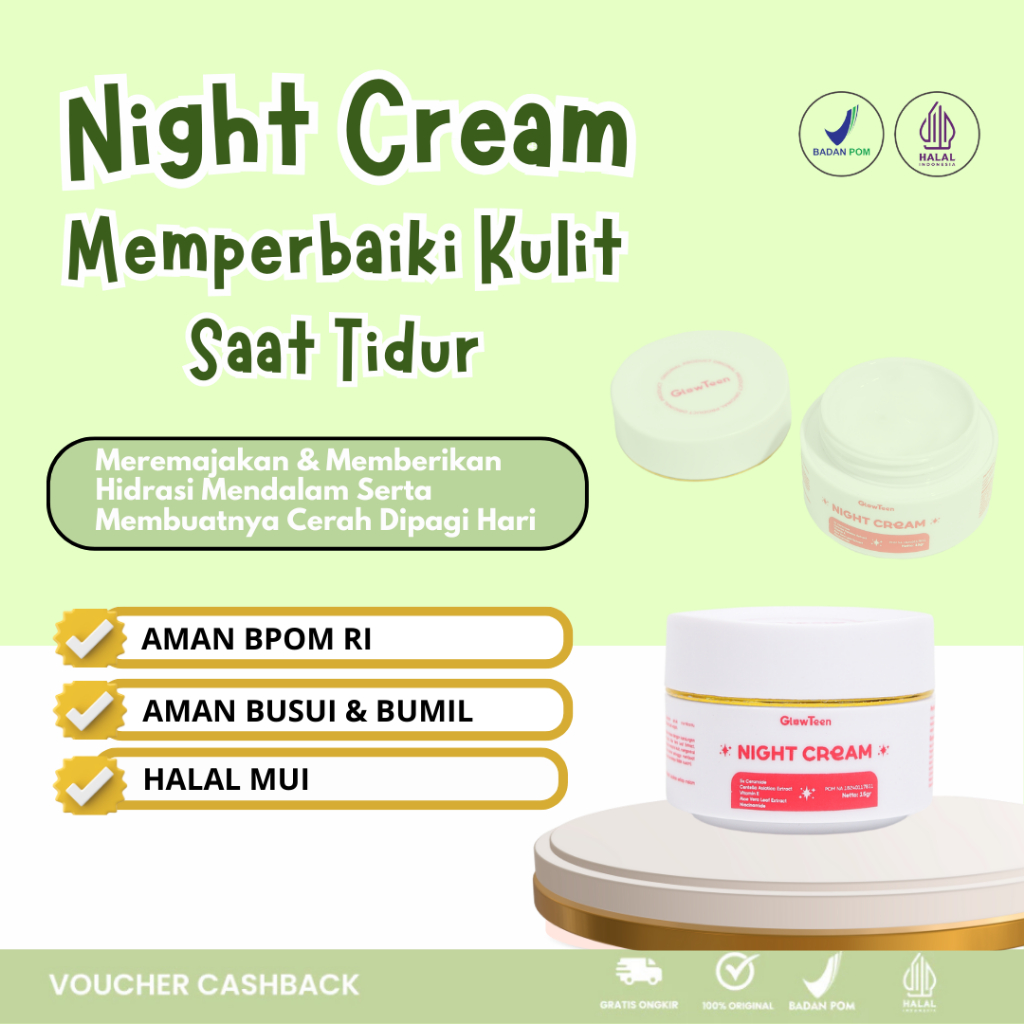 Glowteen Krim Malam Pencerah Pelembab Wajah Glowing Anti Flek Hitam Aman Bumil Busui BPOM