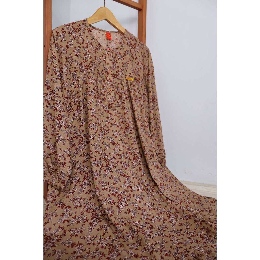 Midi dress jumbo bahan rayon premium motif bunga etnik busui wudhu friendly terbaru kekinian