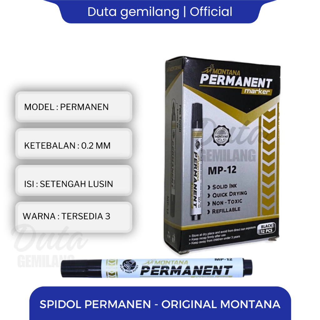 

Spidol Permanen / Spidol Marker Bisa Isi Ulang / Spidol Montana Original / Duta Gemilang