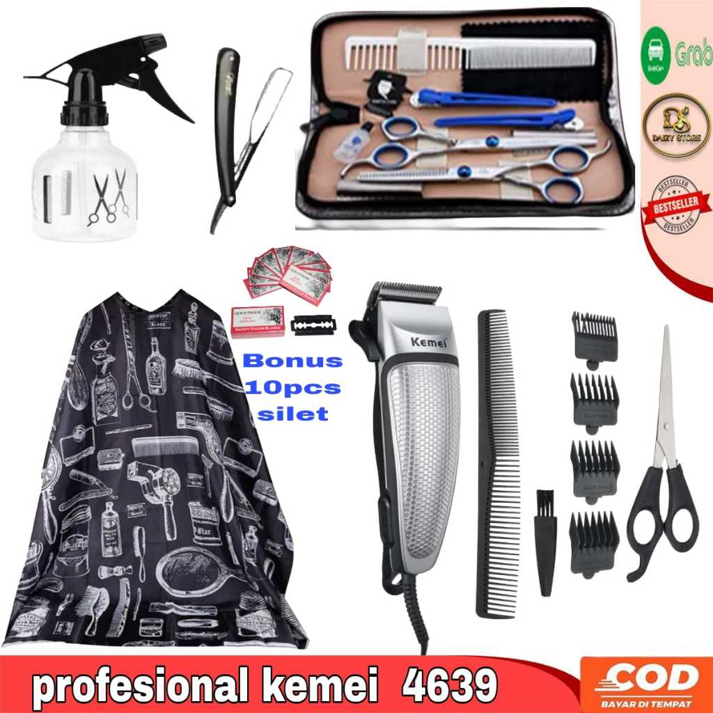 Satu Set Paketan Alat Cukur Pangkas Rambut Lengkap KEMEI Hair Trimmer Mesin Cukur Barbershop Cukuran