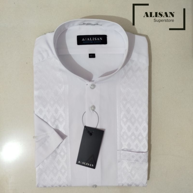 Alisan Koko Bordir Pria Motif Belahketupat 00194 Putih Lengan Pendek Reguler