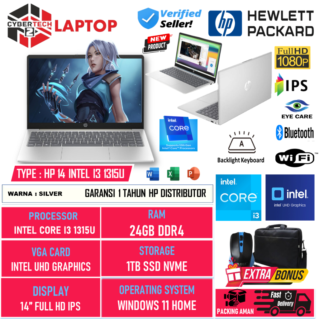 TERMURAH Laptop HP 14s Series Core i3 1315U Gen 13 RAM 24GB SSD 1TB 14 inch Backlit Keyboard Win 11