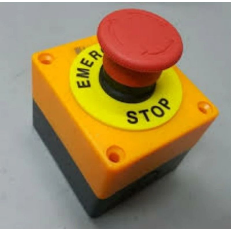 Tombol push emergency Stop / on off / button merah + kotak box + name + cover tombol darurat alarm l