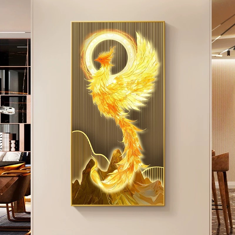 Lukisan Porcelain 5D Diamond Motif Burung Phoenix Pajangan Dinding Porselen 5 Dimensi Kristal Timbul