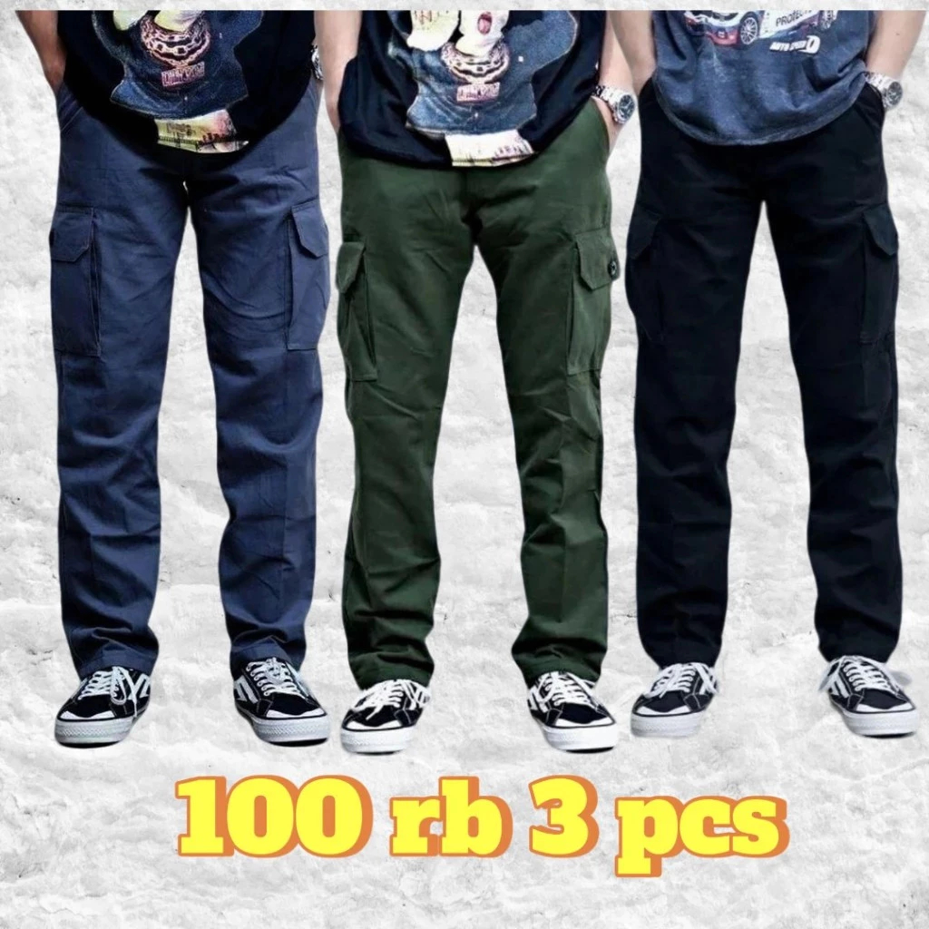 [HARGA PROMO] Celana Cargo Panjang Pria Original Kain Katun Tebal Celana Kargo Cowok Hitam Army Dist