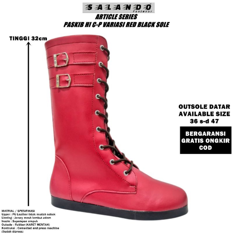 SALANDO Sepatu Boots Mayoret Sepatu Paskibra LKBB Drumband Pria dan Wanita Red Black Sole