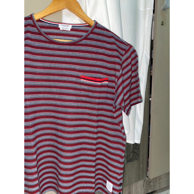 asli 100% thom browne banner logo iconic t shirt