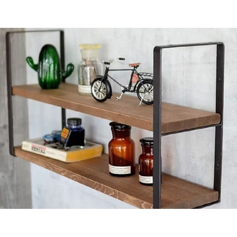 Rak Dinding Ambalan Kayu dan Besi 2 Susun Rak Bumbu Dapur Rak Dekorasi Hiasan