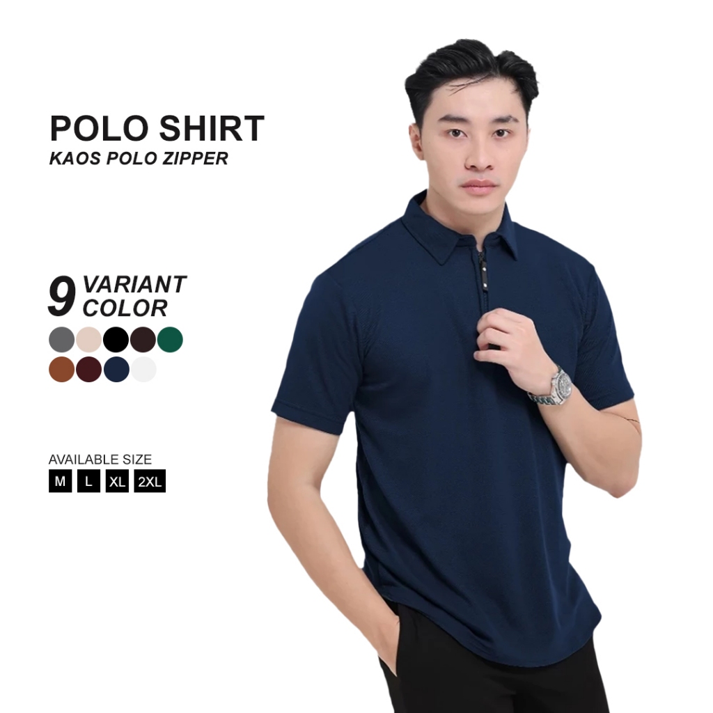 BROGUY Kaos Polo Shirt Pria Kerah Lengan Pendek Zipper - Navy