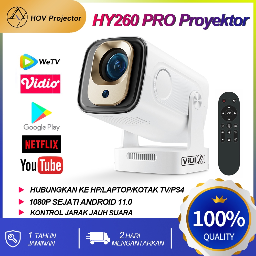 Viuio HY260Pro Proyektor 1080P Anroid Youtube Netflix Projector 4K Bluetooth 1GB+8GB Fokus Otomatis