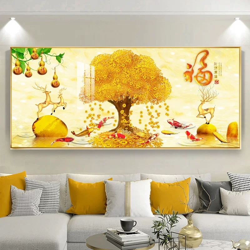 Lukisan Porcelain 5D Diamond Motif Pohon Emas Gold Pohon Uang Pajangan Dinding Porselen 5 Dimensi Kr