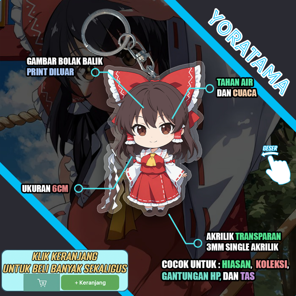Gantungan Kunci Reimu Hakurei Touhou Project, Keychain Anime Lucu