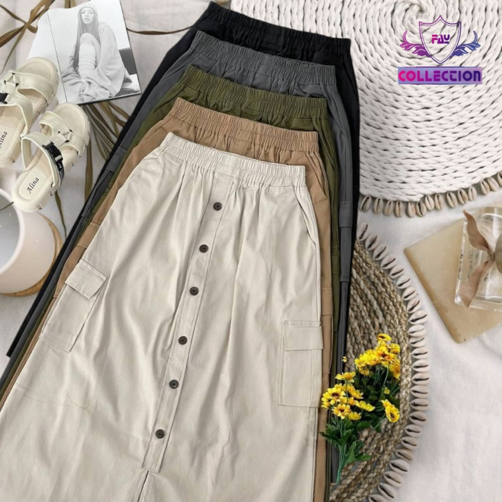 Rok Cargo Panjang Wanita Katun Twill Combet  Full Kancing Depan - Cargo Skrit Wanita Korean Style