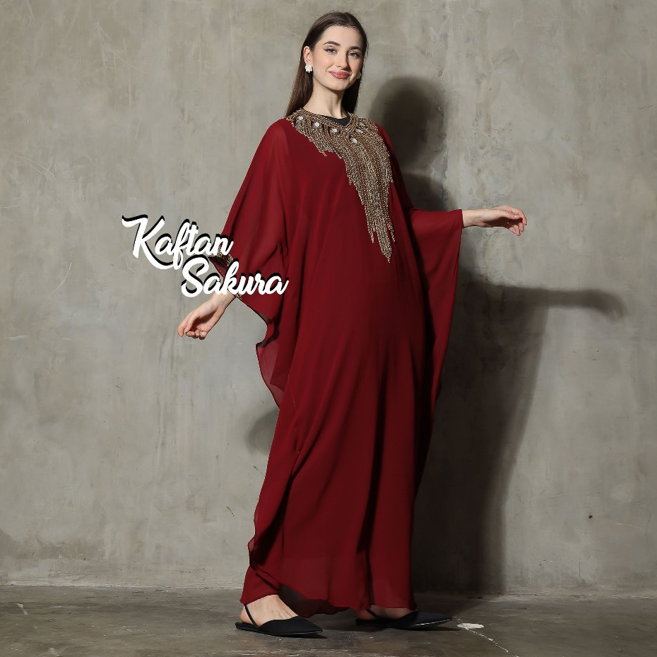 Kaftan Sifon Busana Muslim Modern untuk Lebaran dan Pengajian Full Payet Mewah Desain Elegan untuk P