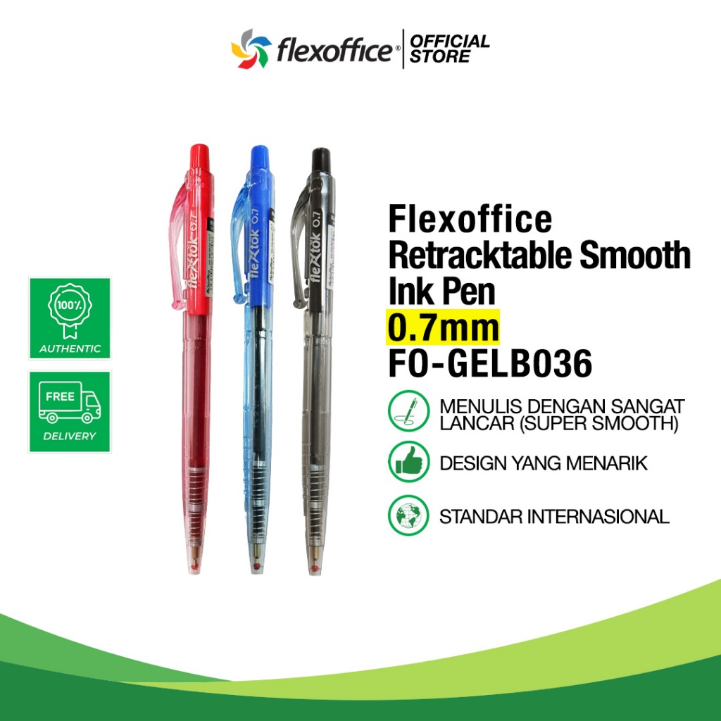 

FLEXOFFICE RETRACTABLE SMOOTH INK PEN FO-GELB036 0.7mm enak menulis lancar anti bocor tebal