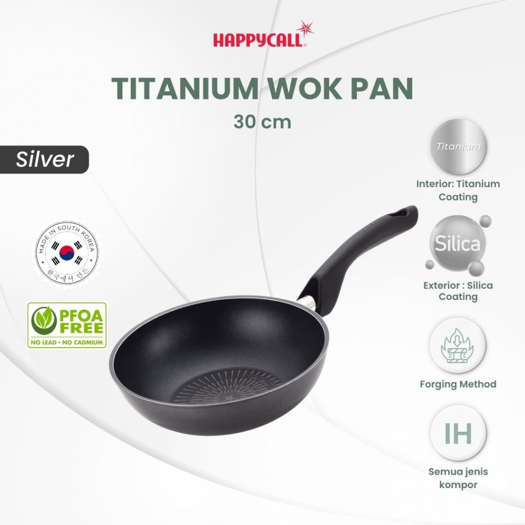 Happycall Titanium Wok Pan IH 30 cm Silver - Wajan Wok Anti lengket Tahan Gores Coating Titanium